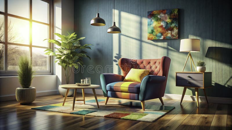 Un'oasi surreale nel mezzo del secolo, colorata sedia a rotelle vuota muro e atmosfera simile a un sogno, ispira il design contemp illustrazione di stock