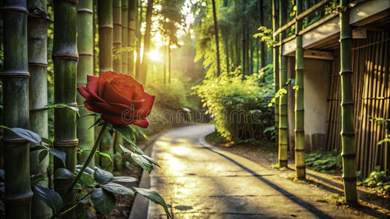 Un oasis en el jardín asiático, una exquisita fotografía captura la belleza de la arquitectura rosa de Bambú y piedra ilustración del vector