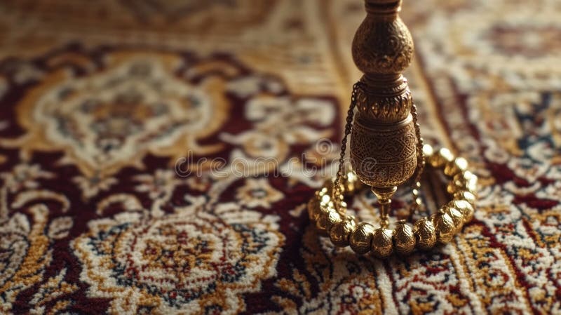 Un objeto de color oro se sienta en un suelo de moqueta. El objeto es un pequeño jarrón ornamentado con una cadena que cuelga de él. El jarrón está rodeado por una pulsera de oro que también se encuentra en el exterior