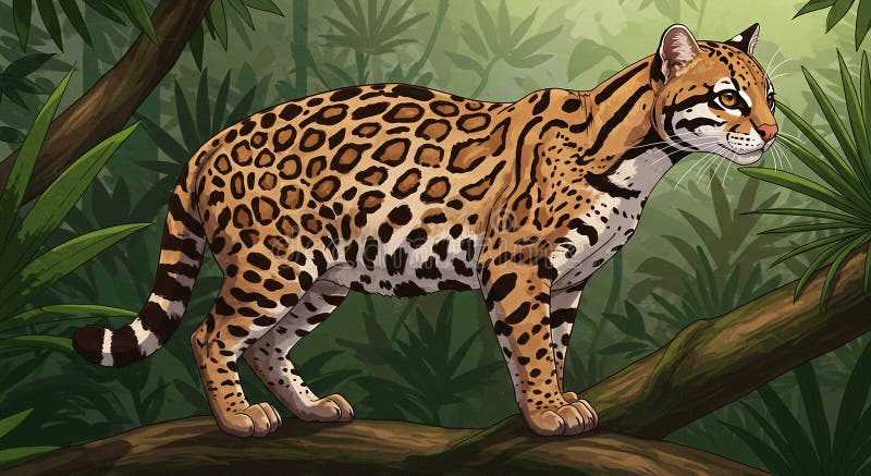 Un ocelot se alza sobre una rama en una densa jungla. Su abrigo anaranjado es libre illustration
