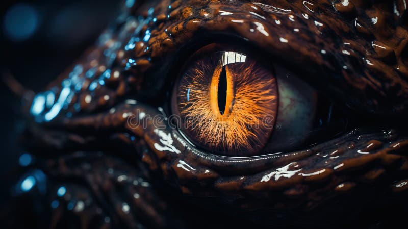 Un ochi de dragoni cu iriși portocalii și galbeni pe irisul său și un corp negru de apă în spatele său stock illustration