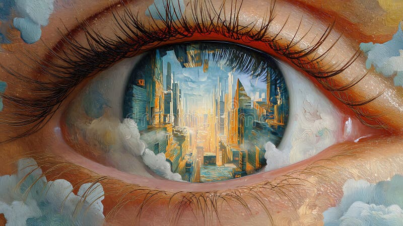 Un oeil aux cils détaillés et un paysage urbain futuriste reflétant dans son iris. La ville illustration stock