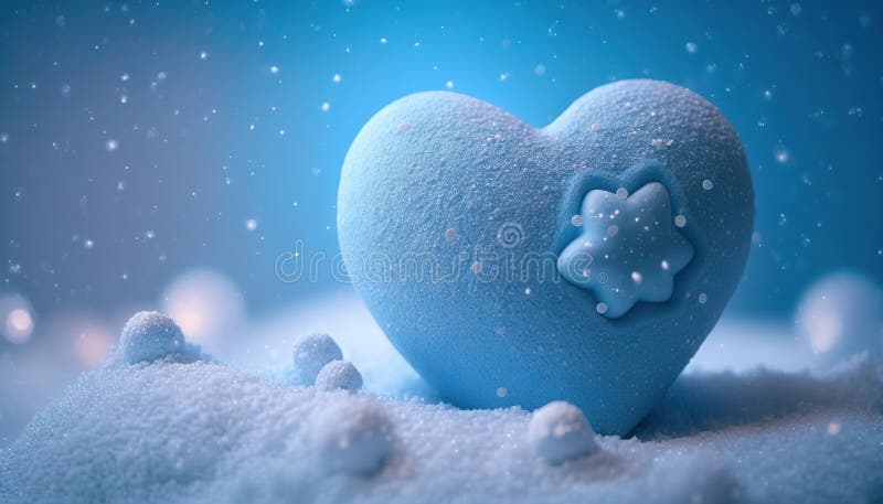 Un oggetto a forma di cuore blu seduto al centro di una pila di neve illustrazione di stock