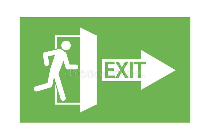 Un om care fuge la ușă. ieșire marcată cu săgeată. semn de evacuare verde. un indicator pentru a scăpa. imagine stoc royalty free illustration