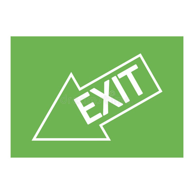 Un om care fuge la ușă. săgeată jos la ieșirea etichetată stânga. semn de evacuare verde. un indicator pentru a scăpa stock illustration
