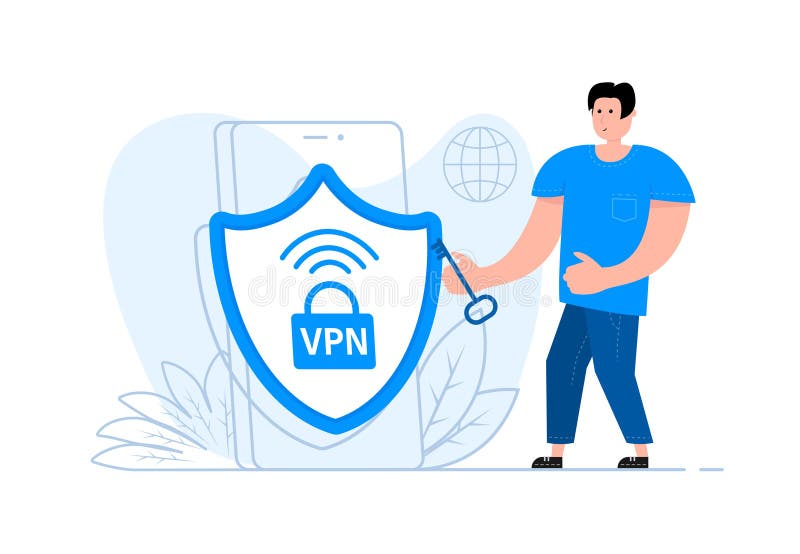 Un om stă lângă smartphone-ul de pe ecranul VPN. rețea virtuală privată. stock illustration