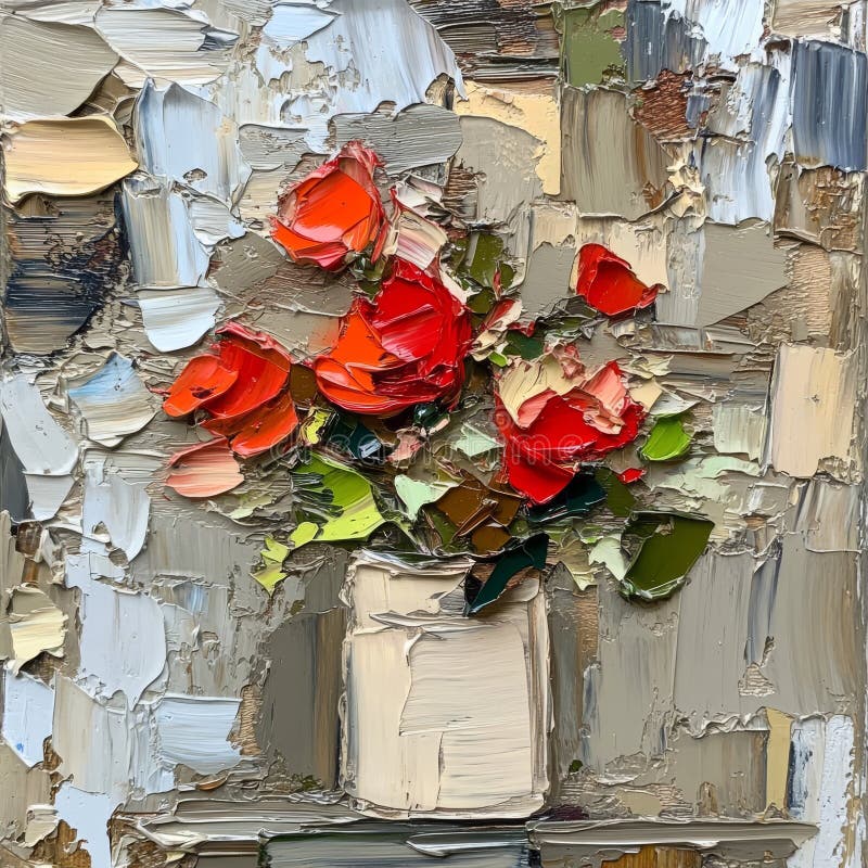 Un'opera d'arte astratta con rose rosse viene presentata su uno sfondo di grigio con un effetto testurizzato fotografia stock