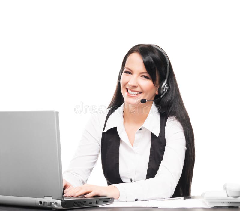 Un operator de asistență pentru clienți care lucrează într-un birou pe alb stock photos
