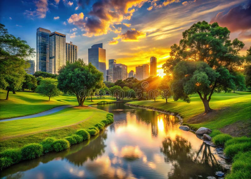 Un'ora d'oro panorama di Serene City Park e Riverfront royalty illustrazione gratis