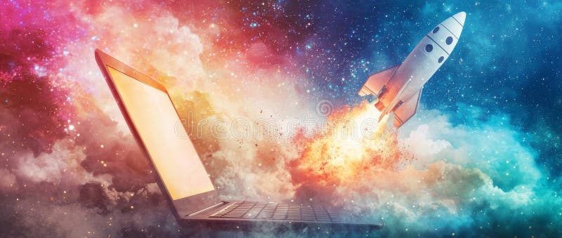 Un ordinateur portable orné d'une image vibrante de lancement de fusée représentant la croissance d'une start-up exposée contre un photos stock