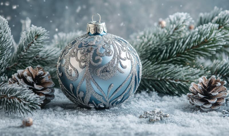Un ornament albastru cu un lanț de argint atârnă de un brad stock images