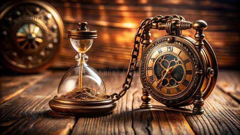 Natura morta senza tempo con orologio da tasca antico e clessidra in legno che cattura l'essenza della misurazione del tempo vinta illustrazione di stock