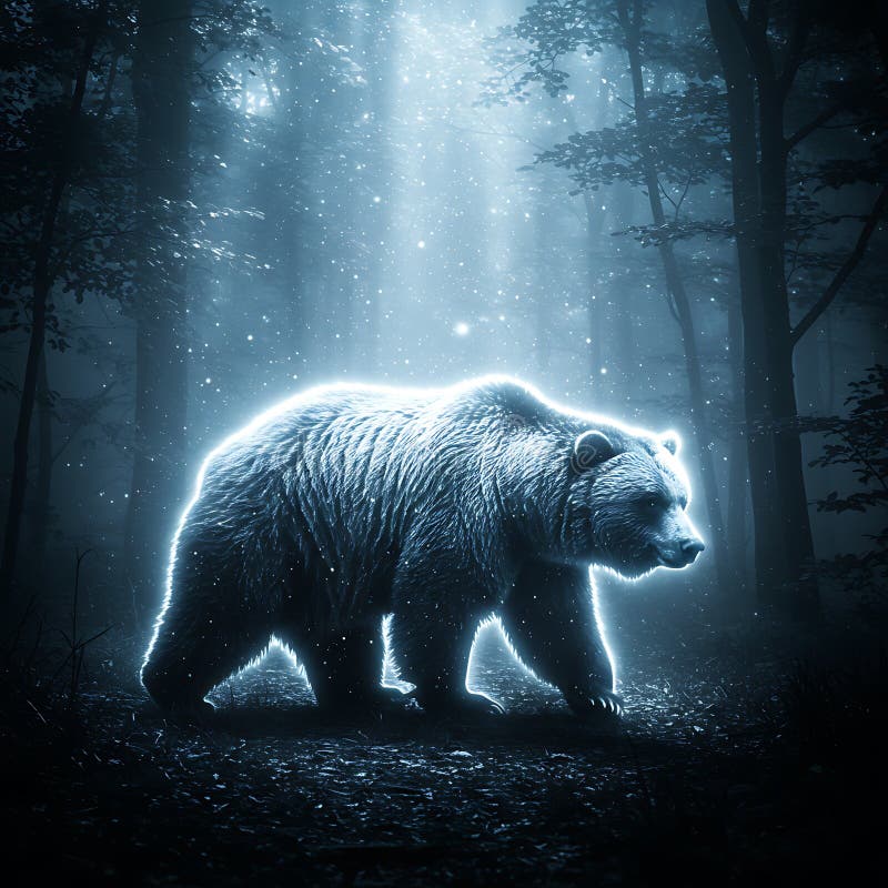 Un orso brillante si trova in una foresta mistica. Le sue pellicce emettono una luce eterea illustrazione di stock