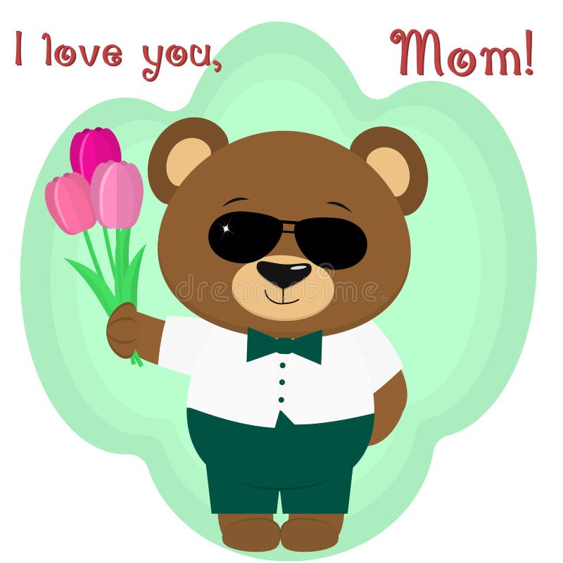 Un oso marrón lindo sostiene tres tulipanes Enhorabuena en su día del ` s de la madre, en el estilo de historietas ilustración del vector Un oso marrón lindo sostiene tres tulipanes Enhorabuena en su día del ` s de la madre, en el estilo de historietas ilustración del vector