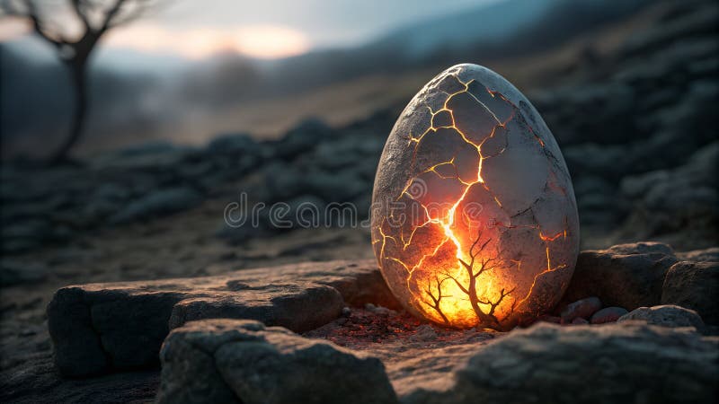 Un ou de dragon crăpat care strălucește cu o lumină de foc pe o suprafață stâncoasă, înconjurat de un fundal neclar royalty free illustration