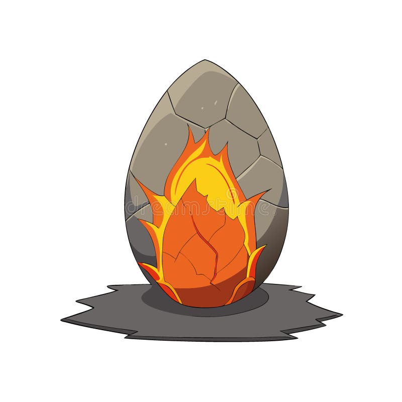 Un ou de dragon crăpat strălucind cu lumină de foc pe o suprafață stâncoasă. înconjurat de un fundal neclar stock illustration