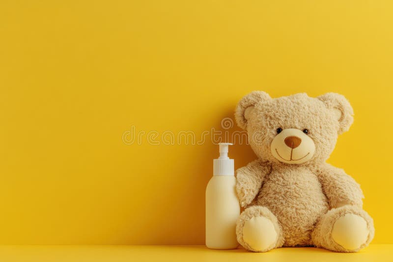 Un ours en peluche doux avec une bouteille de lotion pour bébé sur fond jaune vif photographie stock