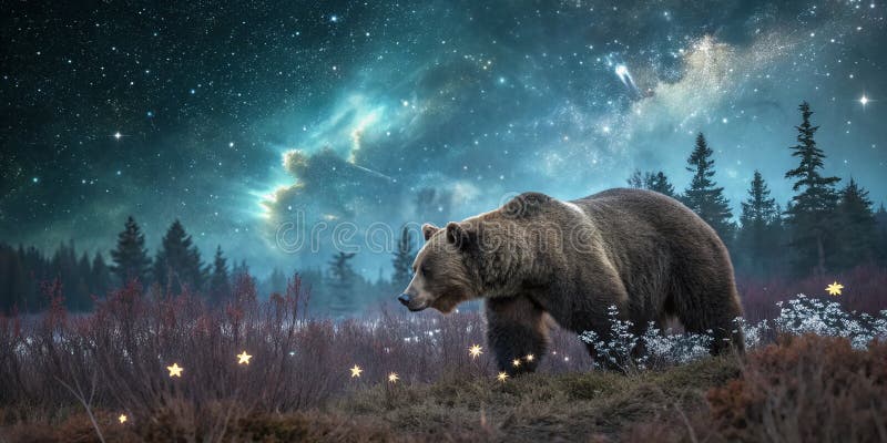Un Ours Grizzly Majestueux Étreint un Ciel Nocturne Étoilé et Surréaliste Une Exploration Onirique de la Faune et du Cosmos illustration libre de droits