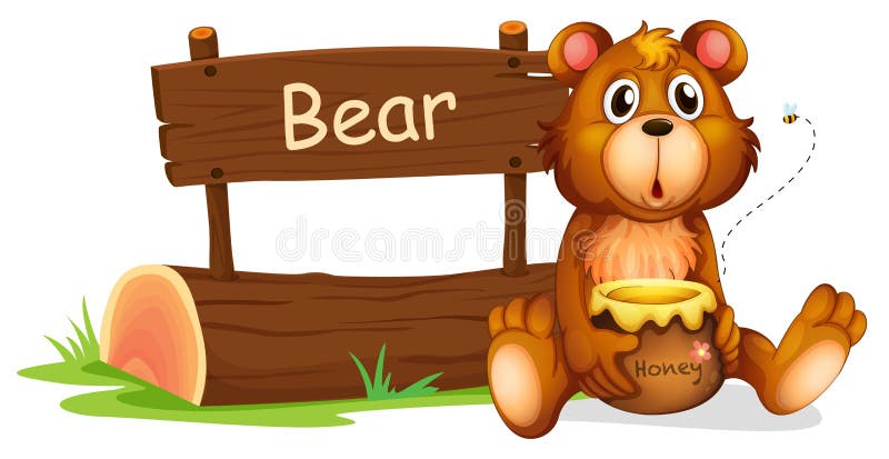 Un ours tenant un miel près d'une enseigne en bois illustration stock Un ours tenant un miel près d'une enseigne en bois illustration stock