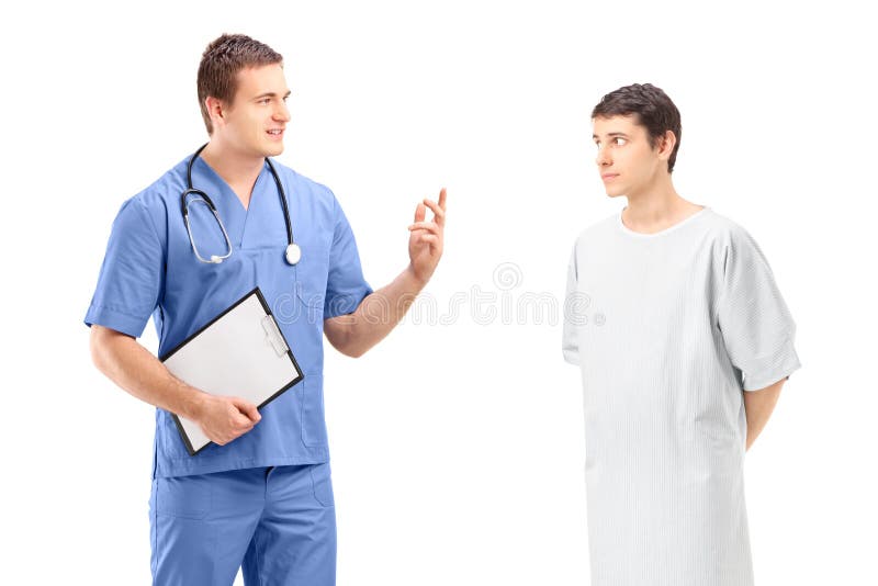 Un paciente masculino en un durin del vestido del hospital y del médico facultativo fotos de archivo Un paciente masculino en un durin del vestido del hospital y del médico facultativo fotos de archivo