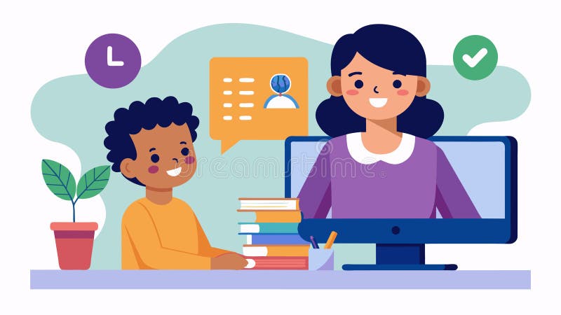 Un padre observa con orgullo que su hijo responde con confianza a preguntas en un idioma extranjero durante su clase en línea stock de ilustración