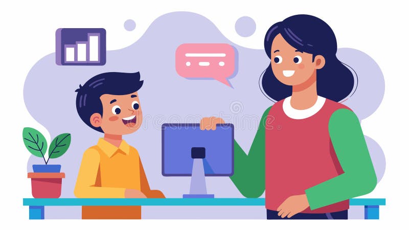 Un padre que mira como su hijo usa un asistente de ayuda para tareas de voz activado para crear un discurso para su clase de inglé libre illustration