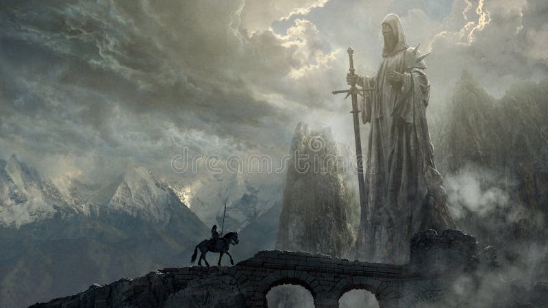 Un paesaggio di fantasy con statue giganti e immagini digitali di fantasy