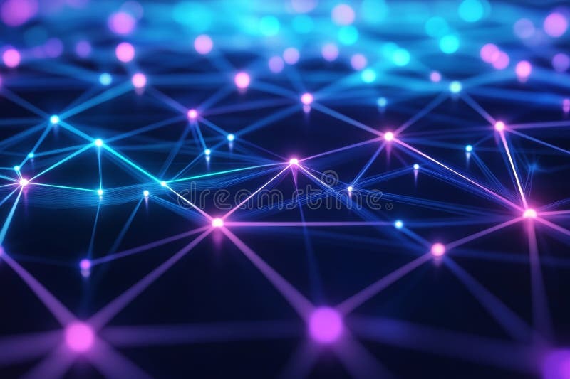 Un paesaggio digitale futuristico con circuiti neonali blu e viola che formano connessioni complesse. illustrazione di stock