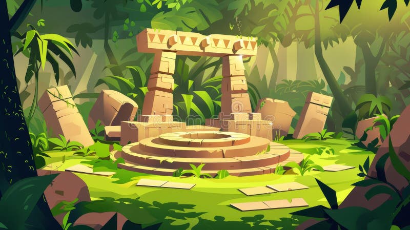 In a deep forest landscape, a round platform with an old altar, aztec or maya, stands on an ancient ruins platform. Modern cartoon illustration.. AI generated. In a deep forest landscape, a round platform with an old altar, aztec or maya, stands on an ancient ruins platform. Modern cartoon illustration.. AI generated