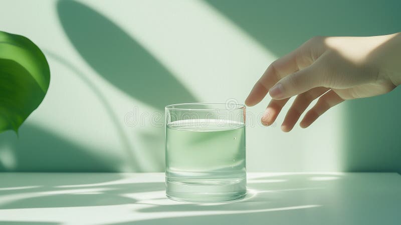Un pahar cu apă pe un birou cu compoziție minimalistă și curată royalty free stock image