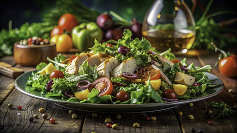 Un pahar vibrant cu salată proaspătă de pui transparentă în fundal produse organice și aromă de gourmet royalty free illustration