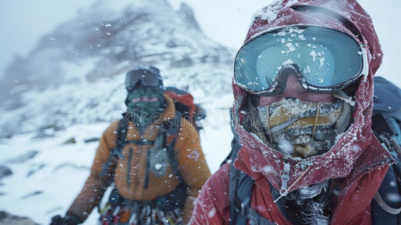 A pair of hikers their features obscured by goggles and hoods check their supplies and assess their situation as they face unexpected snow and freezing temperatures. The mountain AI generated. A pair of hikers their features obscured by goggles and hoods check their supplies and assess their situation as they face unexpected snow and freezing temperatures. The mountain AI generated