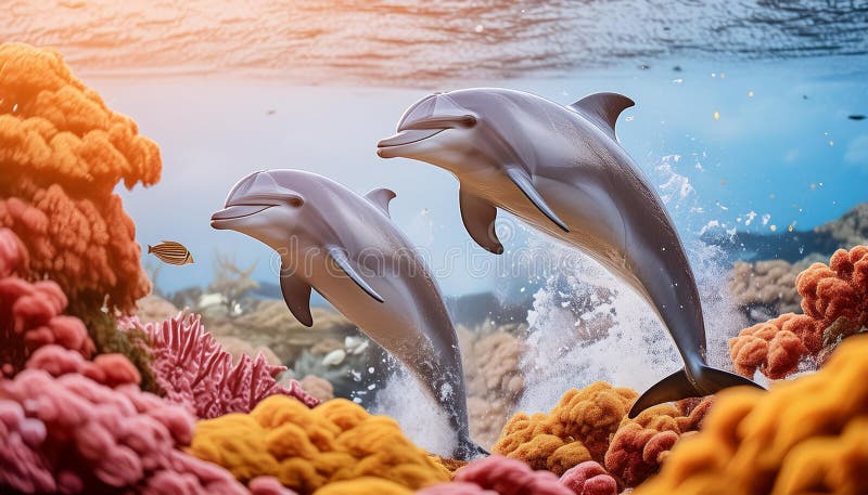 Un paio di lugubre delfini che fuoriescono dall'acqua circondata da corallo vibrante e spugne illustrazione di stock