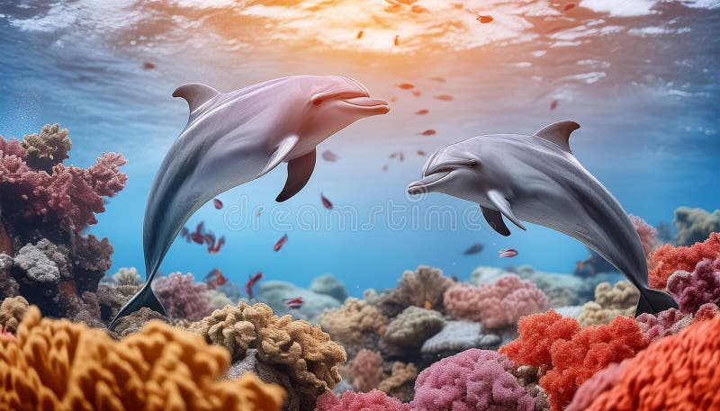 Un paio di lugubre delfini che fuoriescono dall'acqua circondata da corallo vibrante e spugne illustrazione di stock