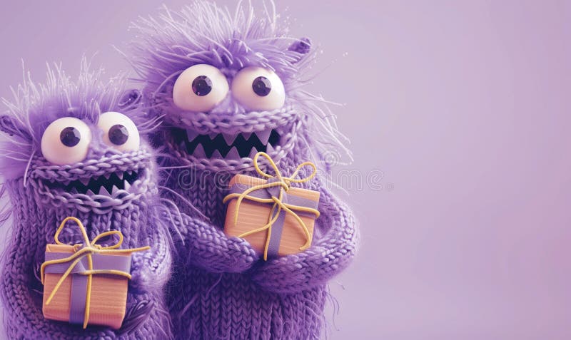 Un paio di mostri di lana viola che reggono doni avvolti in modo goffo sullo sfondo di violetto royalty illustrazione gratis