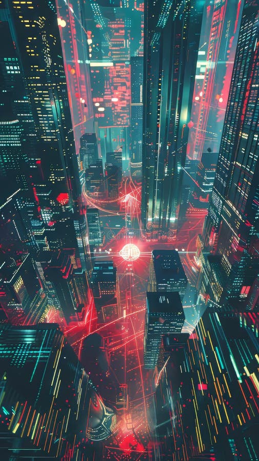 Un paisaje cibernetico que pega con la energía de mil mentes digitales stock de ilustración