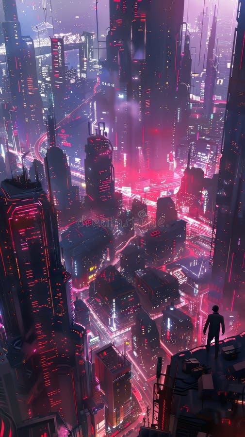 Un paisaje cibernetico que pega con la energía de mil mentes digitales stock de ilustración