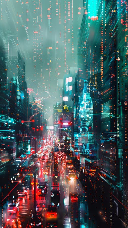 Un paisaje cibernetico que pega con la energía de mil mentes digitales stock de ilustración