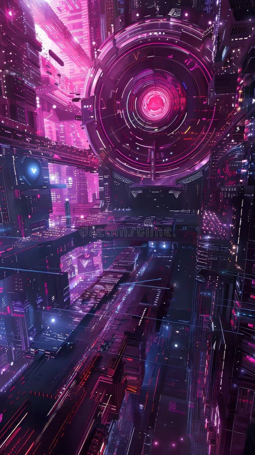 Un paisaje cibernetico que pega con la energía de mil mentes digitales stock de ilustración