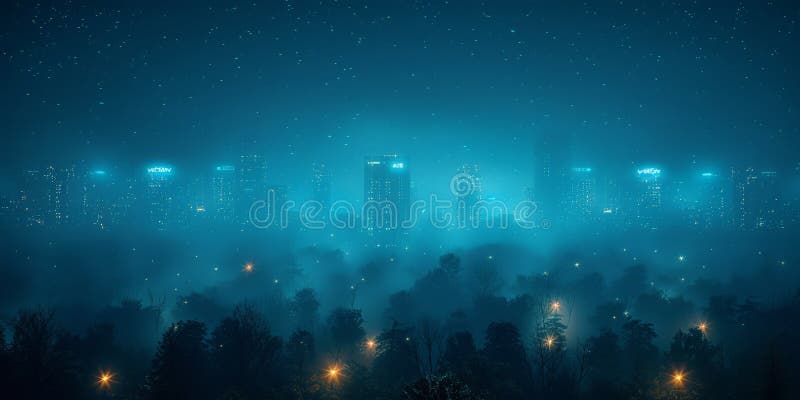 Un paisaje nublado de ciudad brillando con luces tenues bajo un cielo estrellado creando un misterioso paisaje nocturno urbano libre illustration