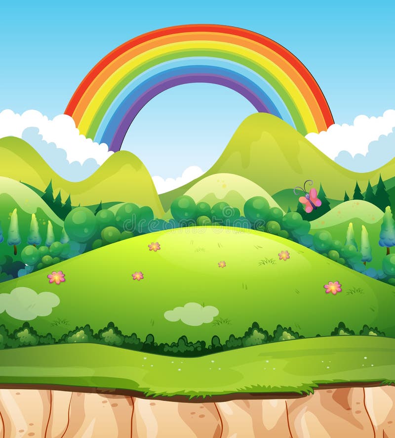 Un paisaje y un arco iris de la montaña ilustración del vector Un paisaje y un arco iris de la montaña ilustración del vector
