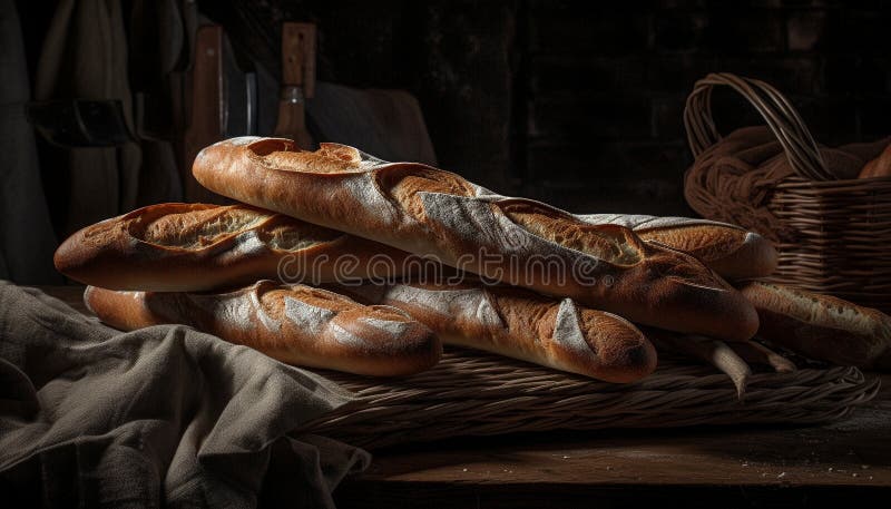 Un paniere rustico di pane appena sfornato generato dall'ai illustrazione di stock