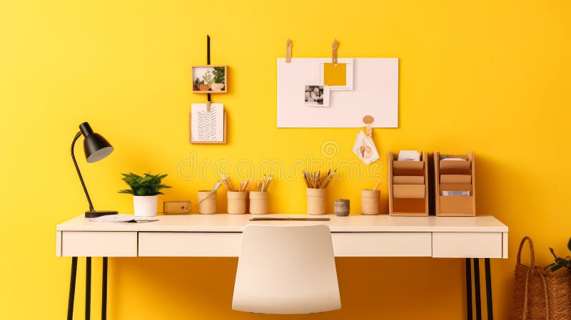 A vibrant workplace with a mood board displayed against a cheerful yellow wall, creating an energetic and inspiring atmosphere for creativity. AI generated. A vibrant workplace with a mood board displayed against a cheerful yellow wall, creating an energetic and inspiring atmosphere for creativity. AI generated