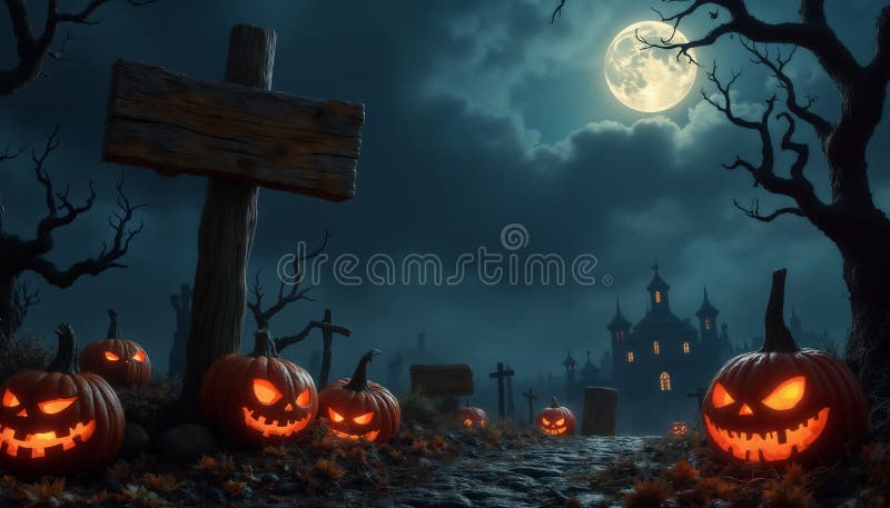 Un panneau à l'entrée du cimetière clair de lune et une atmosphère fabuleuse dans une forêt sombre citrouilles et chauves-souris u. Panneau à l'entrée du cimetière clair de lune et atmosphère fabuleuse dans une forêt sombre citrouilles et chauves-souris un cadre sombre d'halloween. ai généré