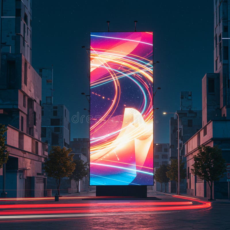 Un panou publicitar digital mare, iluminat, se află într-un cadru urban pe timp de noapte, afișând stock illustration