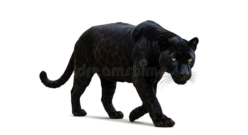 Un pantero nero è spesso una variante melanistica di un leopardo o di un giaguaro. Un pantero nero è spesso una variante melanistica di un leopardo o di un giaguaro che cammina in avanti con uno sguardo d'allarme. Il suo rivestimento scuro lucido rivela forme sottili di rosette sotto determinate caratteristiche di illuminazione della specie sottostante. La struttura muscolare dei panteri e la postura posata ne enfatizzano l'agilità e la forza. Presenta orecchie arrotondate, occhi gialli brillanti e sussurri di rilievo disposti contro uno sfondo bianco chiaro che ne evidenzia la sagoma stridente.