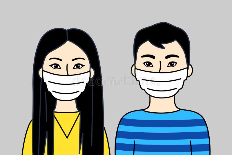 A Pair Of People Wearing Face Masks, Asian Men And Women. .Two Chinese, Japanese Or Korean Young  Adults, Respirators To Prevent Disease, Flu, Air Pollution. Sars-Covid-19 Pandemic. Vector Flat Design. A Pair Of People Wearing Face Masks, Asian Men And Women. .Two Chinese, Japanese Or Korean Young  Adults, Respirators To Prevent Disease, Flu, Air Pollution. Sars-Covid-19 Pandemic. Vector Flat Design