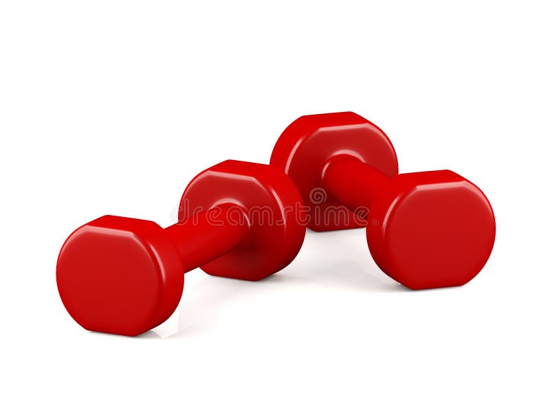 3D a pair of red light weight dumbbells on white background, exercise equipment. 3D a pair of red light weight dumbbells on white background, exercise equipment