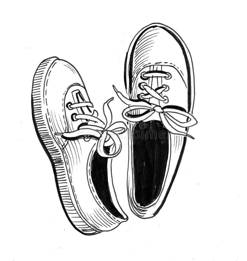 Ink black and white drawing of a pair of sport shoes. Ink black and white drawing of a pair of sport shoes