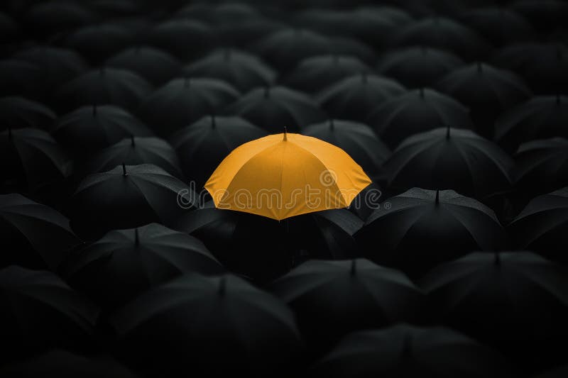 Un parapluie jaune vif se détache dans une foule de parapluies noirs. incarner la créativité individualiste illustration stock